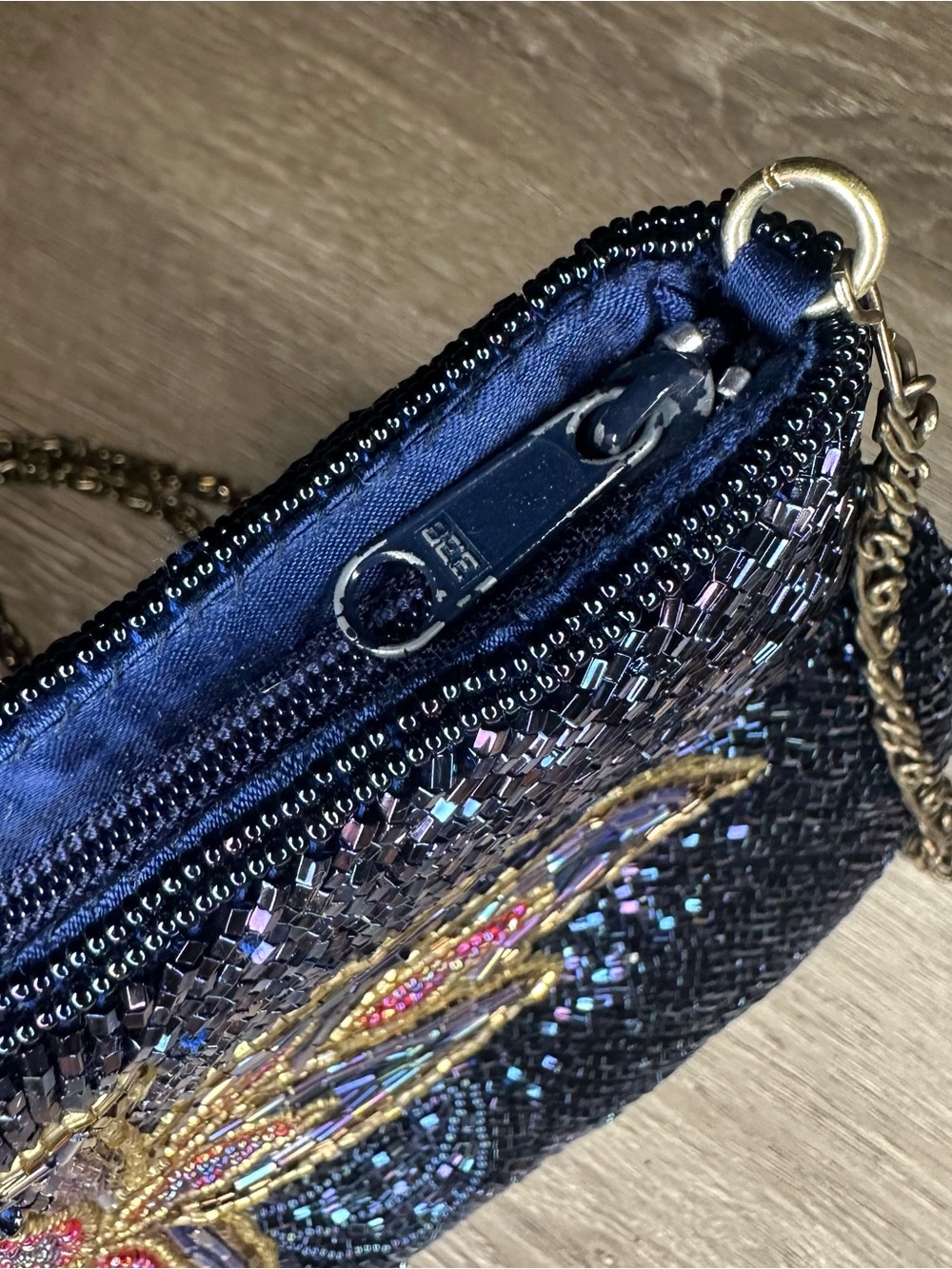 Vintage Beaded Floral Crossbody Bag Purse Blue Black Metallic Chain Strap - Picture 7 of 7